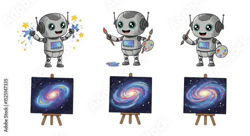 Robot artist painting the galaxy on an easel isolated on white background