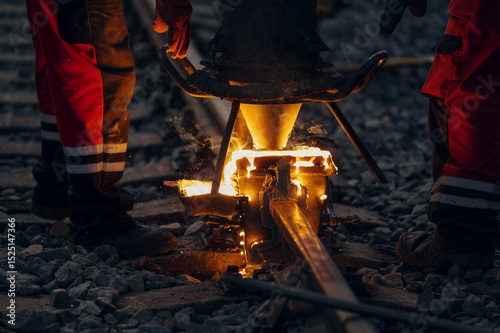 A worker in the process of a railroad track weld repair, reconstruction with a freight train passing
