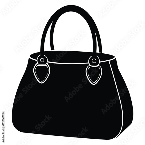 Stylish Black Handbag with Handles and White Border, Fashionable Accessory Silhouette