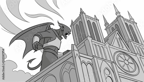 A sinister demon looms majestically in the air in the midst of Gothic cathedrals, its chest bursting with mystical flames, fire burning in its clawed palms. 2d illustration                    