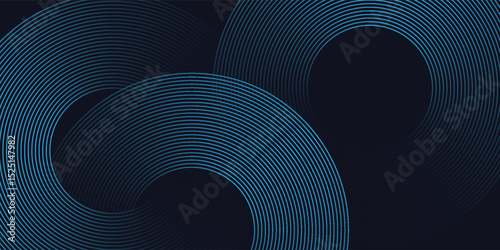 Modern dark blue abstract horizontal banner background with glowing geometric lines. Shiny blue diagonal rounded lines pattern. Futuristic concept.
