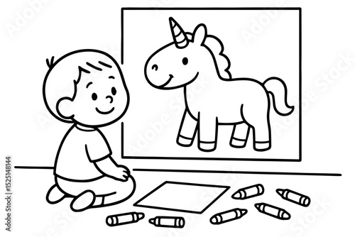 Coloring Page — Cartoon Child with Art Supplies Looking at Unfinished Wall Drawing, Bold Line Art for Kids, vector