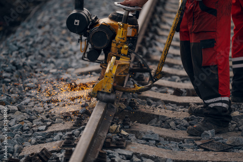 A worker in the process of a railroad track weld repair, reconstruction with a freight train passing