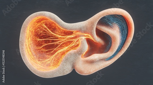 Artistic illustration of an ear anatomy with nerves and detailed structure visualization photo