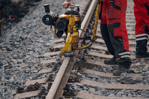 A worker in the process of a railroad track weld repair, reconstruction with a freight train passing