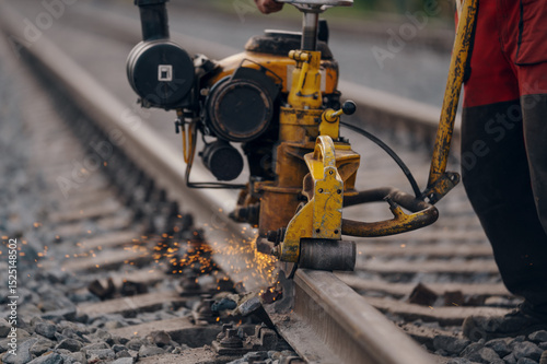 A worker in the process of a railroad track weld repair, reconstruction with a freight train passing