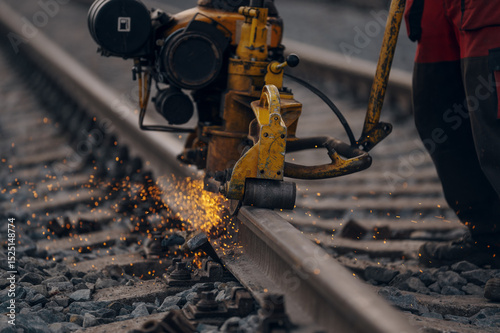 A worker in the process of a railroad track weld repair, reconstruction with a freight train passing