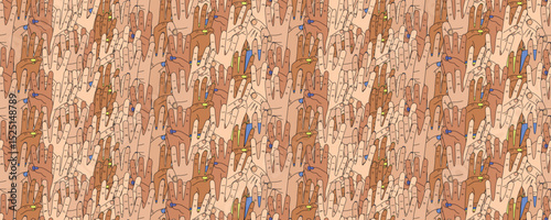 Seamless pattern. The national symbol of the trident, coat of arms of Ukraine, 3 fingers, a group of hands