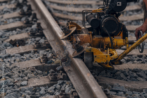 A worker in the process of a railroad track weld repair, reconstruction with a freight train passing
