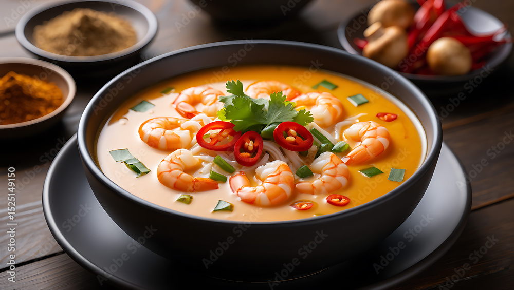 A vibrant bowl of creamy tom yum soup, brimming with succulent shrimp, rice noodles, and vibrant red chilies, sits on a dark wooden table A vibrant bowl of creamy tom yum soup, brimming with succulent shrimp, rice noodles, and vibrant red chilies, sits on a dark wooden table