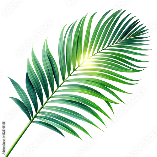Single palm frond with tropical leaves cutout on white, 4K with clipping path and sunlight effect.