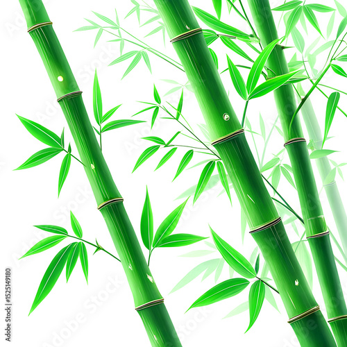 Zoomed-in view of thin bamboo shoots with glowing green tone on white, soft natural lines.