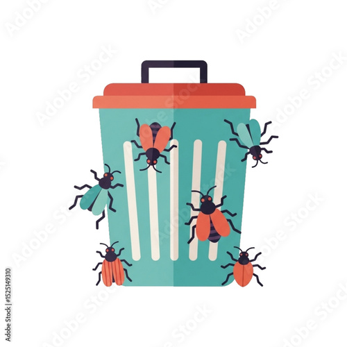 Trash bin with bugs – symbolizes decay or poor hygiene.