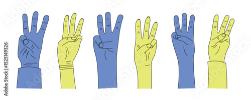 The national symbol of the trident, the coat of arms of Ukraine, 3 fingers, a set of blue and yellow hands