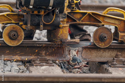 A worker in the process of a railroad track weld repair, reconstruction with a freight train passing