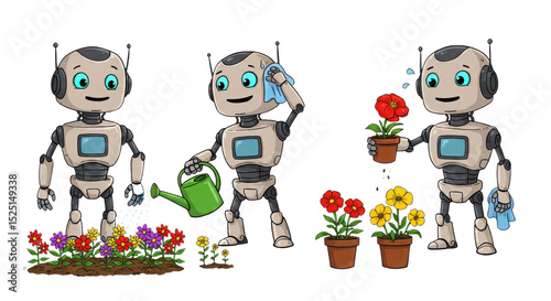 Cartoon robot taking care of the flowers on white background