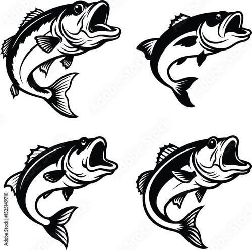 Four black and white jumping bass fish illustrations