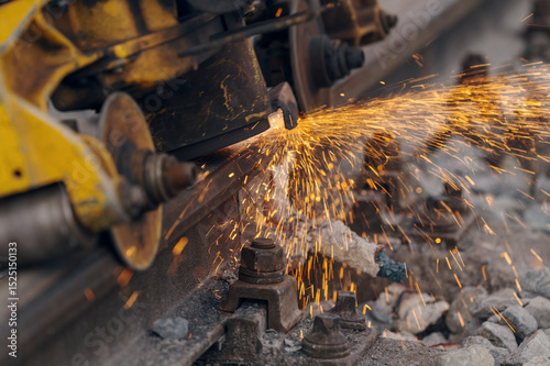 A worker in the process of a railroad track weld repair, reconstruction with a freight train passing