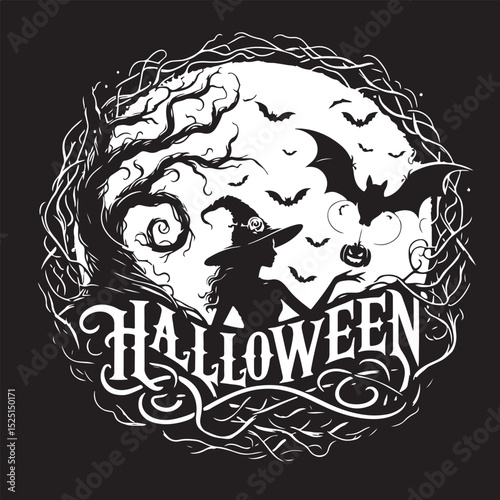 Halloween Night Poster Style Banner with Forest and Witch Vector

 photo
