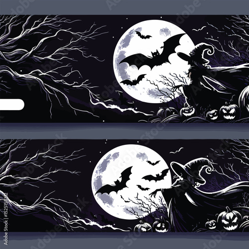 Dark Halloween Night Scene with Bats and Tree Silhouettes