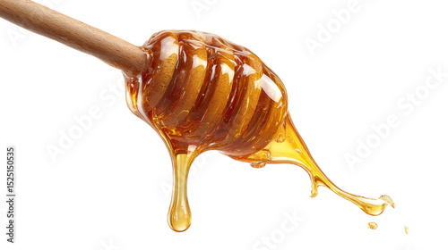 Honey Dipper's Sweet Embrace: A macro shot captures the golden, viscous cascade of honey clinging to a wooden dipper, inviting the viewer into a world of sweetness and natural simplicity.