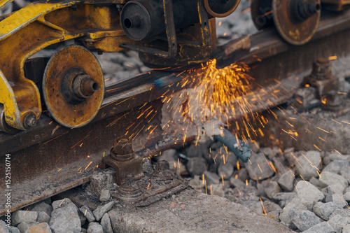 A worker in the process of a railroad track weld repair, reconstruction with a freight train passing