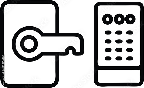 Line art icon of a digital keypad and open vault isolated on white background
