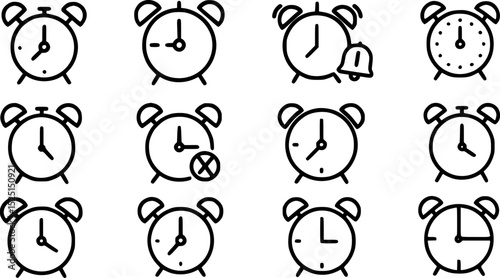 Set of Black Line Art Alarm Clocks Showing Different Times and Settings