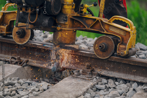 A worker in the process of a railroad track weld repair, reconstruction with a freight train passing