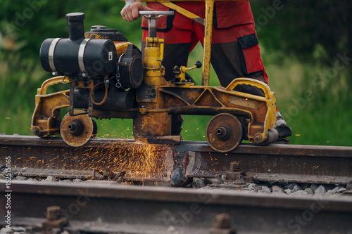 A worker in the process of a railroad track weld repair, reconstruction with a freight train passing