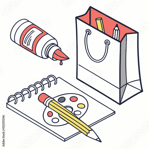 Art Supplies Pencils, Sketchbook, Glue, and Paper Bag - Creative Essentials