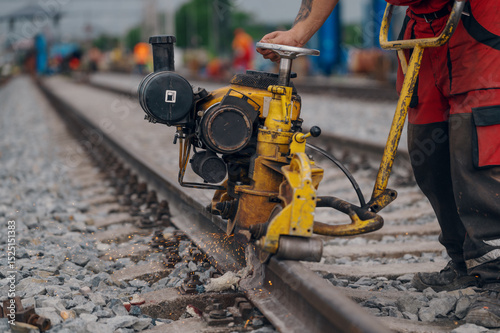 A worker in the process of a railroad track weld repair, reconstruction with a freight train passing