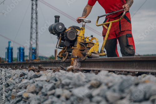 A worker in the process of a railroad track weld repair, reconstruction with a freight train passing