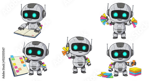 Collection of cartoon robots with sticky notes on white background