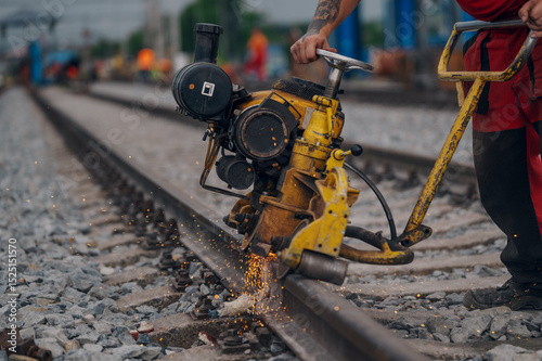 A worker in the process of a railroad track weld repair, reconstruction with a freight train passing