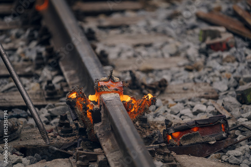 A worker in the process of a railroad track weld repair, reconstruction with a freight train passing