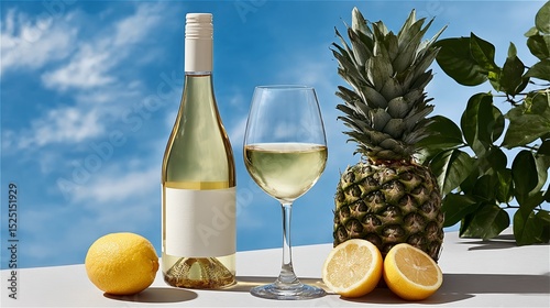 Bottle of white wine and a glass of wine are on a table with a pineapple and two lemons