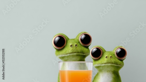 Two frogs are standing next to a glass of orange juice. The frogs are looking at the camera with their eyes wide open