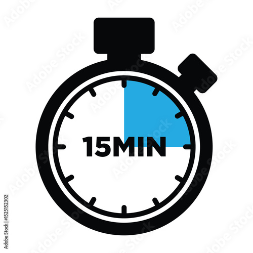 15 Minute Timer Vector, Stopwatch Icon for Countdown of Time Management.