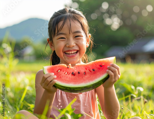 夏休み、スイカ、食べる、田舎、おばあちゃん、自然、日本、畑、草原、女の子、楽しい、笑う