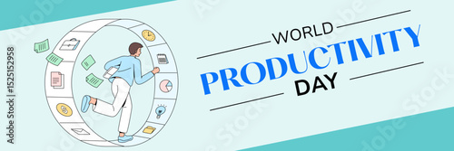 World Productivity Day background banner or poster design template with human chasing multi tasks. June 20,  Feb 12 holiday concept. Use to any template, card, poster, placard, template