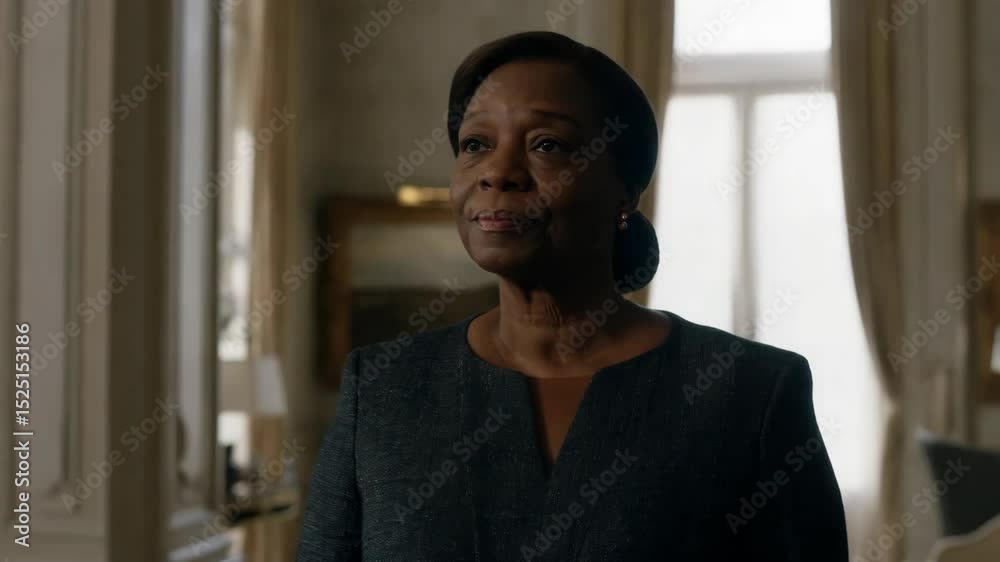 Confident Black woman exudes leadership in a stylish navy blue ensemble while standing poised in a luxurious, well-lit interior filled with elegant decor