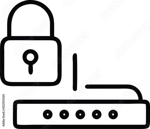 Line art icon of a padlock and vault black and white isolated on white background