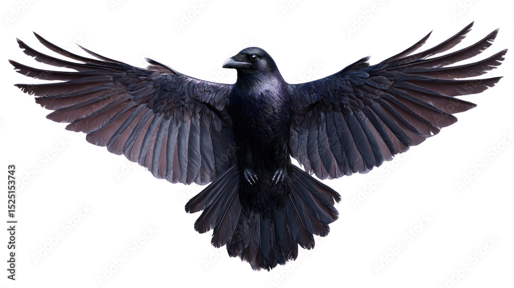 Naklejka premium Majestic Raven in Flight: A striking raven with ebony feathers soars with outstretched wings, a symbol of mystery and freedom against a clear backdrop.