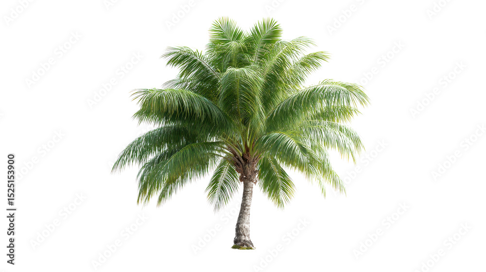 Fototapeta premium Solitary Palm Tree: A lush, vibrant palm tree stands tall, its verdant fronds swaying gently, a symbol of tropical beauty and serene landscapes.