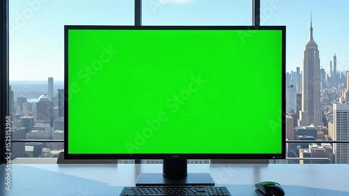 Stock footage of green screen computer monitor with new york city skyline view background
