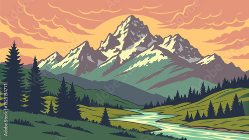 Majestic Mountain Landscape Illustration Adventure Nature Scenery Vector Art