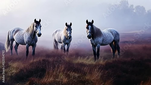 Brown and white horses graze in a misty green pasture