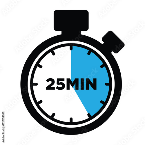25 Minute Timer Vector, Stopwatch Icon for Countdown of Time Management.