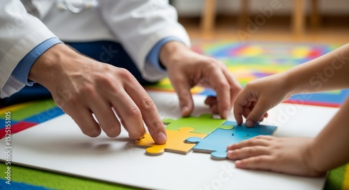 Pediatric psychologist photo – Psychologist and toddler assembling a puzzle.
